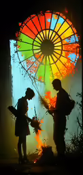three people on stage with an ornately lit display behind them