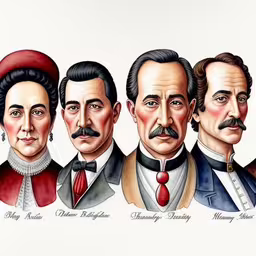 five people with the same haircut, and in different outfits,a painting of the five presidents of the united states