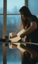 a girl writing on paper in an office