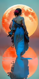 a woman is walking across water with a full moon in the background