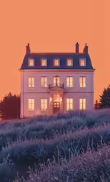 an elegant looking house lit up at dusk