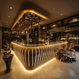 an unique bar with a shiny finish and lights