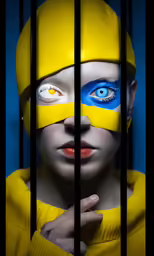 a woman with blue and yellow make - up and orange makeup looking out through bars