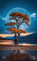 a very large moon hangs over a small tree in the distance