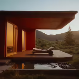 a sofa sits on a wooden platform outside
