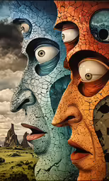 two men in different colored faces with one has his nose open