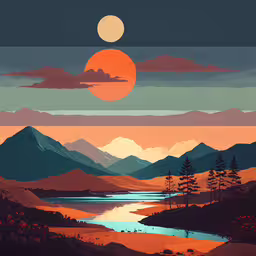 an orange and blue poster of the mountains and a lake,the landscape has an orange sun setting over the mountains