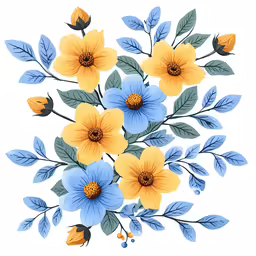 an orange and blue flower is shown with leaves on it