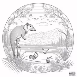 an illustration showing an anteater and baby antelopes in front of a lake with hills in the background