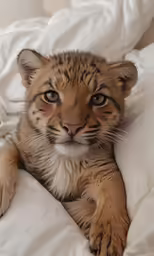 a little tiger laying on a bed with white covers