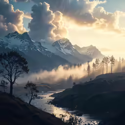 fog is pouring down from the mountains while a body of water is in front