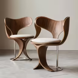 a couple of modern wooden chairs sitting next to each other