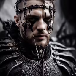 a man in a dark armor with barbed wire on his head