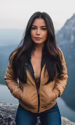 woman wearing tan jacket standing on top of mountain