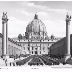 the view from across a courtyard to a building with statues