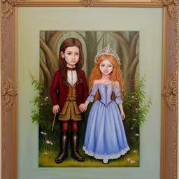 a painting of two people dressed in period clothing,an painting of two people dressed in costumes standing side by side