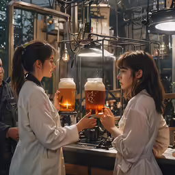 two women are toasting mugs of beer