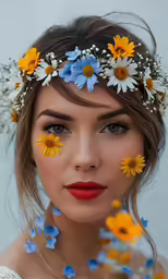 beautiful woman with flowers on her head, with makeup