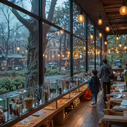 a restaurant with people walking by the table
