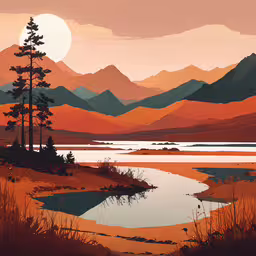 a painting of a forest scene with mountains and water,a painting of mountains surrounding a lake and a sunset