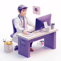 man in white lab coat and purple hat at desk with laptop