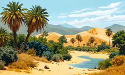 there are two palm trees and a stream