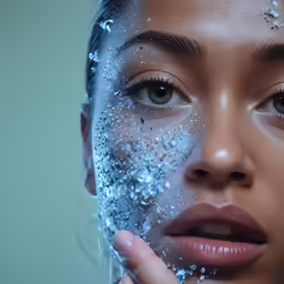 the woman is covered with water looking at the camera