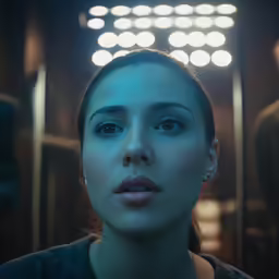 a girl looking straight ahead, in front of a lighted area