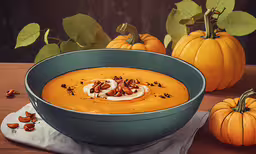 a bowl of sweet potato soup surrounded by pumpkins,this looks to be pumpkin soup, but is not in a pot
