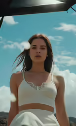 a model wearing a white skirt and bra