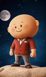 a child dressed as a man standing on a rock looking at the moon