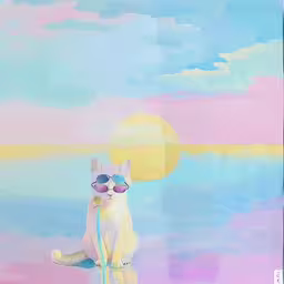 a cat sitting on the ground near a body of water,a painting of a cat wearing sunglasses and a leash
