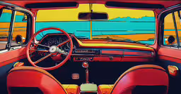 there is a painting on the wall of this old car,a car is shown with a bright and colorful wallpaper