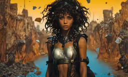 a woman dressed in a futuristic costume posing in front of a rock landscape