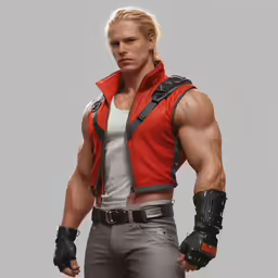 the image shows a man wearing a red jacket and grey pants