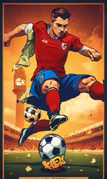 a poster with a soccer player kicking the ball,the soccer player is jumping over the ball