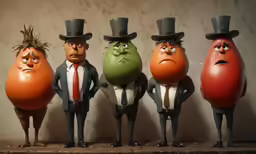 a row of cartoon character toy characters including two male and one female, wearing top hats