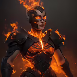a woman in black is in flames