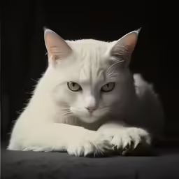a white cat with green eyes on a black background