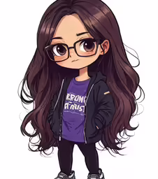 the faceless avatar of a girl with long brown hair wearing glasses