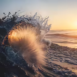 a wave breaking onto a beach with a rising sun