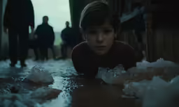 a kid laying on the floor with his head under water