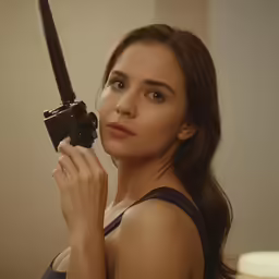 the girl is posing with her gun in hand