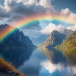 a rainbow in the sky is reflecting on water
