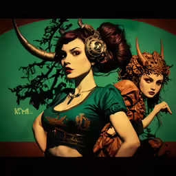 a woman with horns on her head standing next to a man