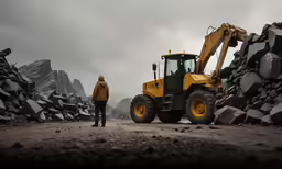 a construction crew standing in front of a loader