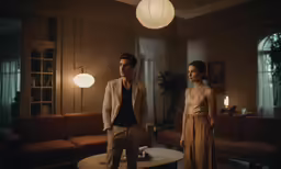 a young man and woman stand in a room near one another