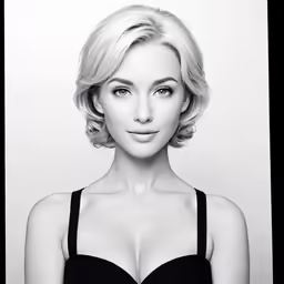 the blonde haired woman in a bra posing for a black and white photo