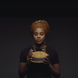 woman holding bowl of noodles with one hand