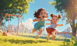 children are playing in the grass near some trees